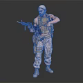 Military Style Armed Man In Tactical Vest Camouflage Pants Holding Rifle With White Headscarf Standing Pose