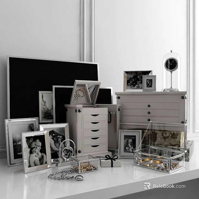 Modern Decorative Ornament Set With Photo Frames Drawer Cabinet And Glass Dome Clock 3d model 