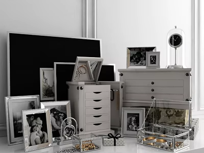Modern Decorative Ornament Set With Photo Frames Drawer Cabinet And Glass Dome Clock 3d model