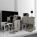 Modern Decorative Ornament Set With Photo Frames Drawer Cabinet And Glass Dome Clock