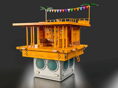 Unique Hotel Public Lounge Area Featuring Wooden Structure Palm Trees Colorful Bunting And Round Windows 3d model