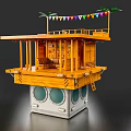 Unique Hotel Public Lounge Area Featuring Wooden Structure Palm Trees Colorful Bunting And Round Windows