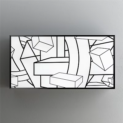 Abstract Painting with Black and White Lines Geometric Shapes Cubes and Black Frame Gray Background 3d model