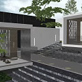 Modern Landscape Garden With Curved Pathway Greenery Trees Rocks And Modern Building Design