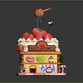 Colorful Sweet Cafe Building With Ice Cream Strawberries Honey Dipper And Blue Ball