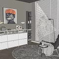 White Modern Dresser In Living Room With Painting Bookshelf Floor Lamp And Plant