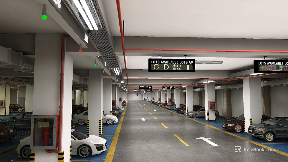 Spacious Well Lit Parking Garage with 103 Available Spaces Floor 1 Yellow Lines White Arrows 3d model 
