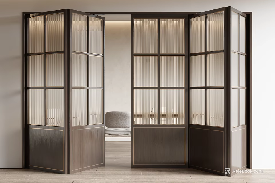 Modern Folding Doors Featuring Glass Panels and Metal Frames in Interior Space Partition Design 3d model 