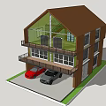 Two Story Detached House With Brown Beige Exterior Balcony Garage And Green Lawn