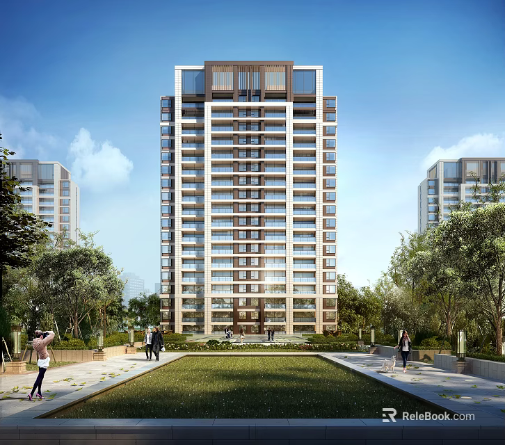 Modern High Rise Residential Building With Lawn Trees And Pedestrians 3d model 