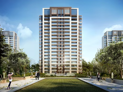 Modern High Rise Residential Building With Lawn Trees And Pedestrians 3d model