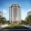 Modern High Rise Residential Building With Lawn Trees And Pedestrians