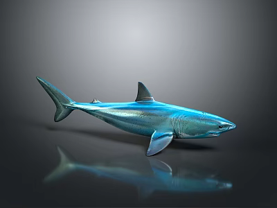 Blue Shark With Metallic Shiny Surface On Grey Gradient Background Showing Reflection 3d model