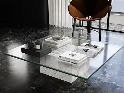 Modern Glass Coffee Table With Marble Base Books And Decor Items In Living Room 3d model