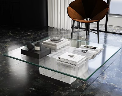 Modern Glass Coffee Table With Marble Base Books And Decor Items In Living Room 3d model