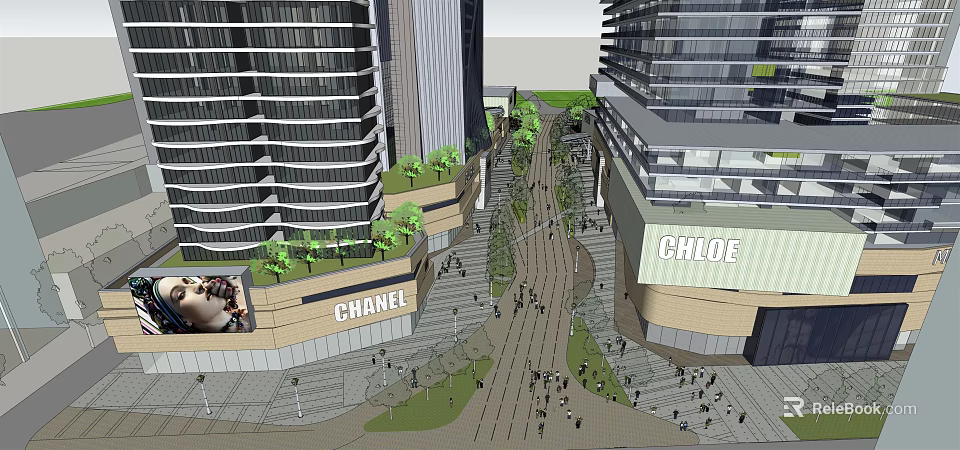 Modern Commercial Street With Tall Buildings Brand Stores Pedestrians And Green Plants 3d model 