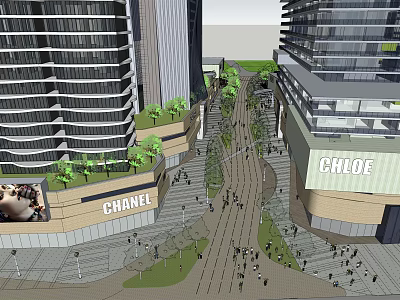 Modern Commercial Street With Tall Buildings Brand Stores Pedestrians And Green Plants 3d model
