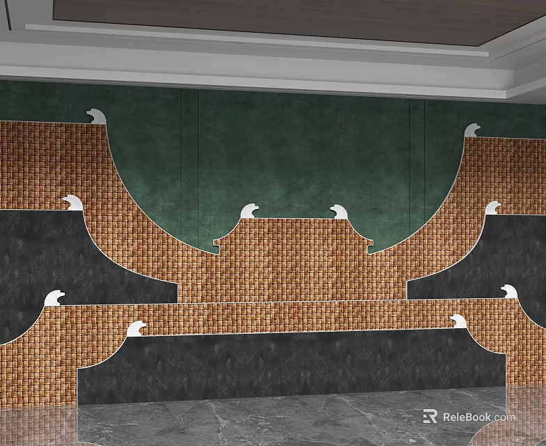 Artistic Background Wall Design With Green Panel And Brown Woven Texture Featuring White Decorations 3d model 