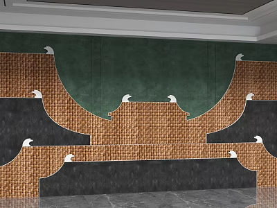 Artistic Background Wall Design With Green Panel And Brown Woven Texture Featuring White Decorations 3d model