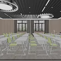 Classroom Interior With Neat White Desks Green Chairs Black Ceiling Circular Lights And Windows