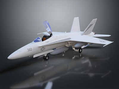 Detailed White Fighter Jet Model with Open Cockpit and Number 302 Design 3d model