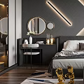 Modern Bedroom Interior with Dark Walls Geometric Pattern Decor and Cozy Rug