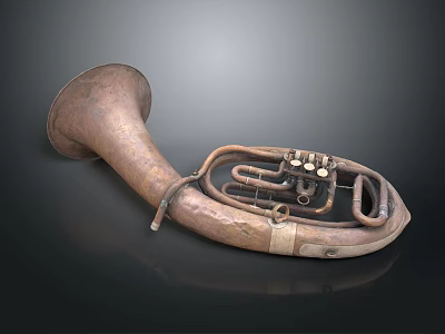 Vintage Household Brass Instrument With Curved Tubes Bell And Metal Straps 3d model