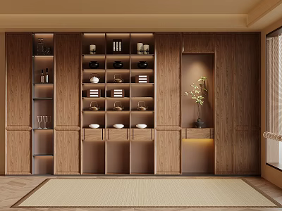 Japanese Style Wooden Bookcase With Multiple Storage Shelves Decorative Ornaments And Potted Plant 3d model