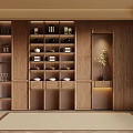 Japanese Style Wooden Bookcase With Multiple Storage Shelves Decorative Ornaments And Potted Plant