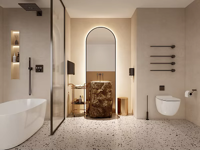 Elegant Modern Bathroom Interior With Freestanding Bathtub Round Mirror Terrazzo Flooring And Neutral Tones 3d model