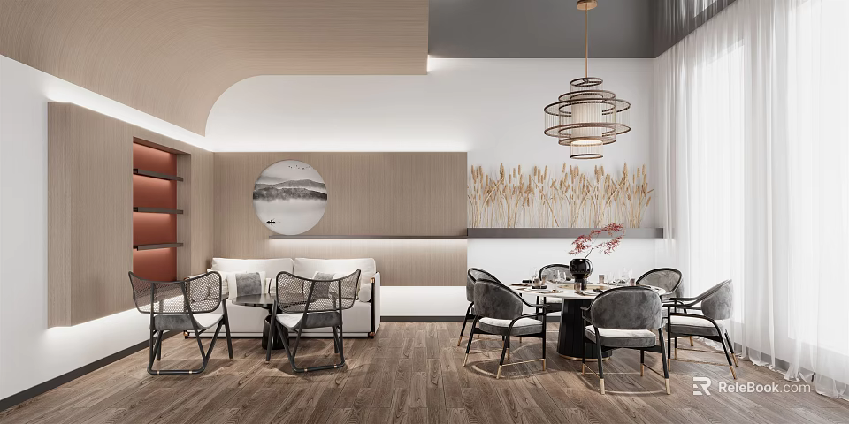 Modern Private Room Interior With Sofa Dining Table Chairs And Chandelier 3d model