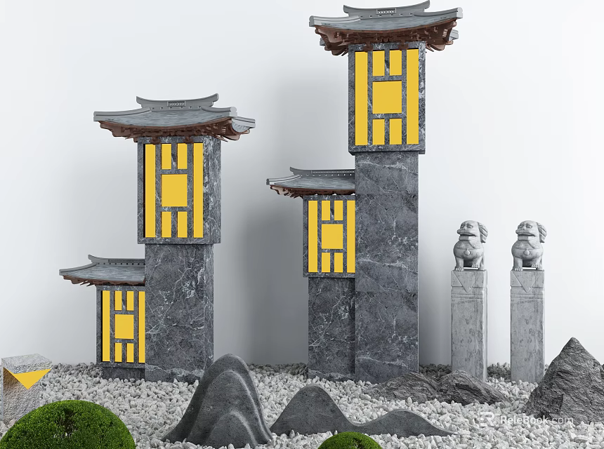 Traditional Chinese Stone Archways With Tile Roofs Yellow Windows Stone Lions And Rock Formations 3d model 