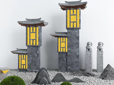 Traditional Chinese Stone Archways With Tile Roofs Yellow Windows Stone Lions And Rock Formations 3d model