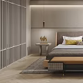 Modern Bedroom Interior With Bed Decorative Pillows Bedside Tables And Herringbone Floor 3d model