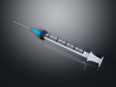 Medical Syringe With Blue Plunger Needle And Graduation Marks On Dark Background 3d model