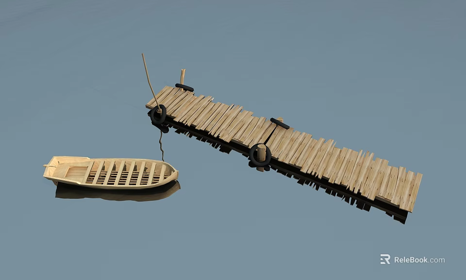 Wooden Dock Road Facility With Small Boat On Calm Water Surface 3d model