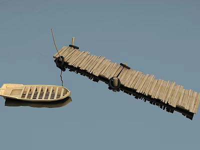 Wooden Dock Road Facility With Small Boat On Calm Water Surface 3d model