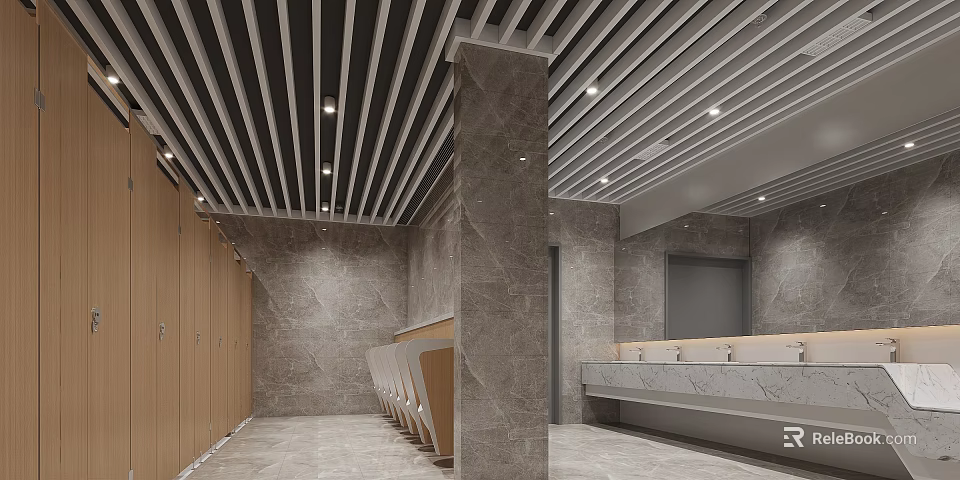 Modern Bathroom Interior With Wooden Partitions Striped Ceiling And Marble Countertop 3d model 