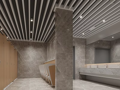 Modern Bathroom Interior With Wooden Partitions Striped Ceiling And Marble Countertop 3d model