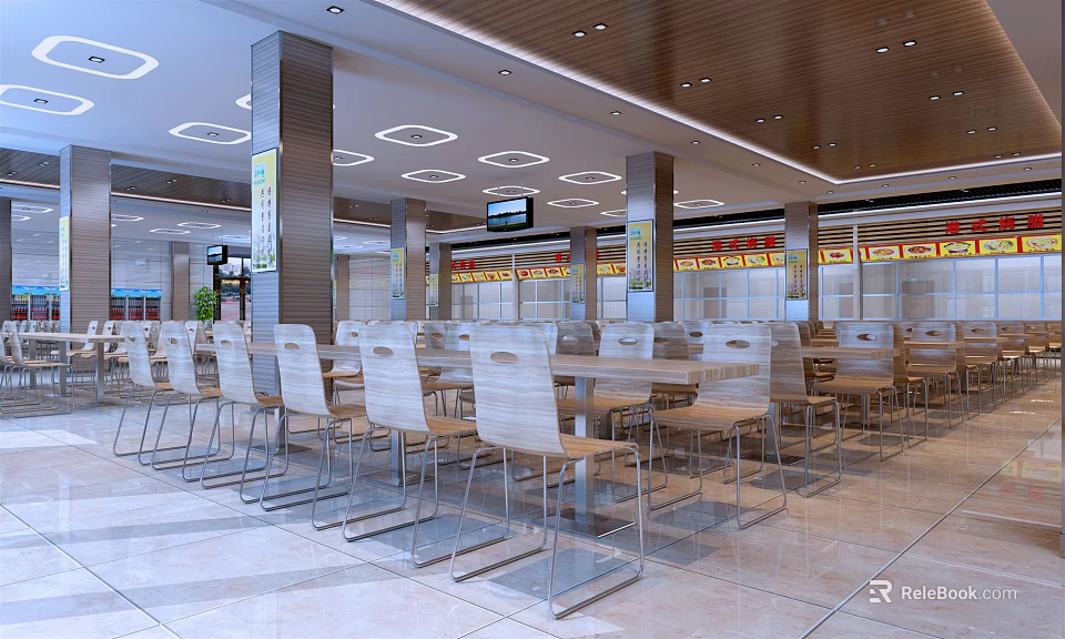 Spacious Modern Cafeteria Interior With Tables Chairs Ceiling Lights And Pillars 3d model