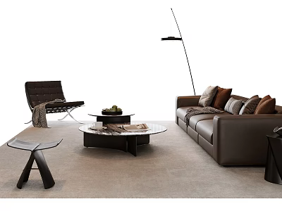 Modern Brown Living Room Sofa with Cushions and Glass Coffee Table and Floor Lamp 3d model