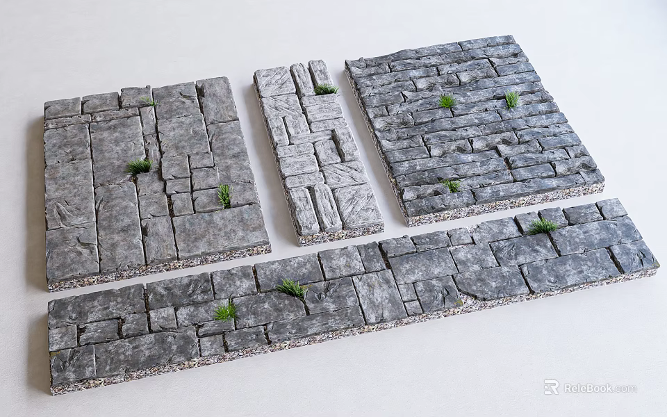 Gray Stone Stepping Stones with Various Patterns and Small Green Grass in Gaps 3d model 
