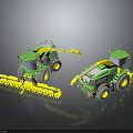 Green And Yellow Agricultural Machinery With Cutting Attachments And Operator Cabs