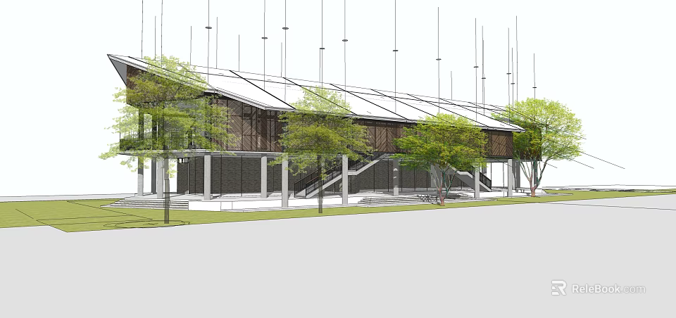 Modern Boutique Guesthouse Building With Wooden Structure Glass Facade And Green Lawn 3d model 