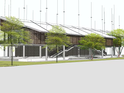 Modern Boutique Guesthouse Building With Wooden Structure Glass Facade And Green Lawn 3d model