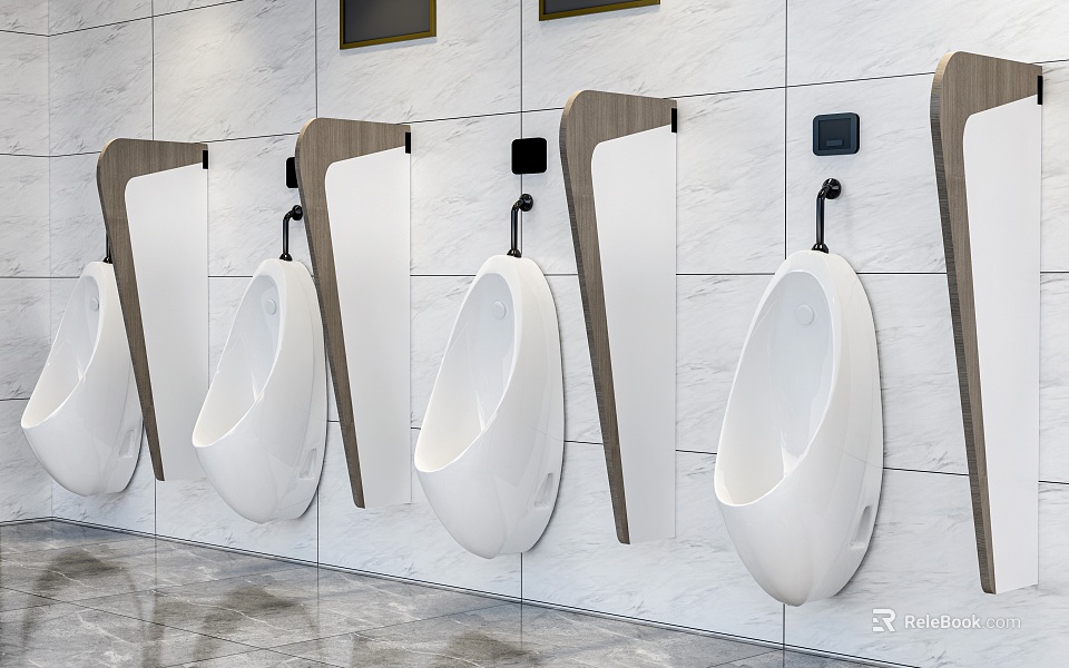 Modern Public Restroom Interior With White Urinals And Wooden Dividers 3d model 
