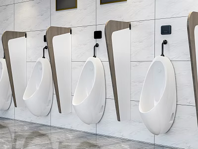 Modern Public Restroom Interior With White Urinals And Wooden Dividers 3d model