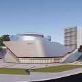 Innovative Modern Architectural Design With Circular Roof Skyscraper And Green Trees