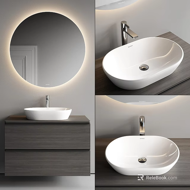 Modern Bathroom Vanity with Round Backlit Mirror White Ceramic Basin and Wooden Countertop 3d model 