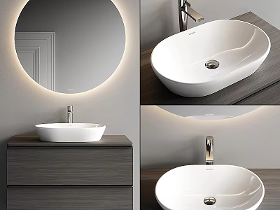 Modern Bathroom Vanity with Round Backlit Mirror White Ceramic Basin and Wooden Countertop 3d model